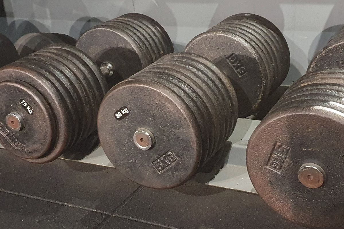 A rack of dumbbells in a home gym