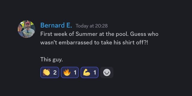 Bernard E: first week of summer at the pool, and not embarrassed to take his shirt off