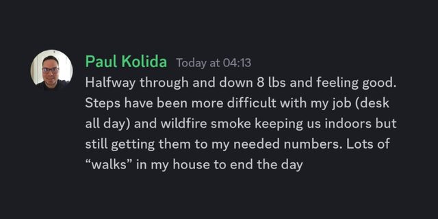 Paul Kolida: down 8 lbs and still hitting his steps from a desk job