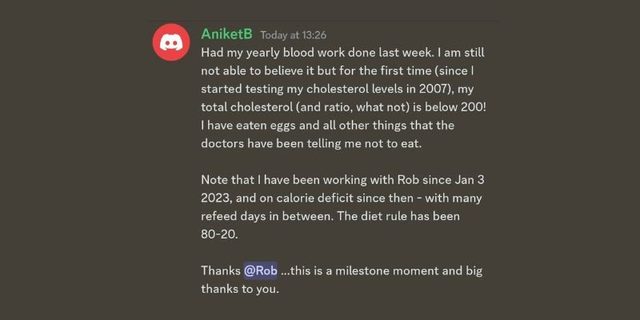 Aniket: total cholesterol below 200 for the first time since 2007