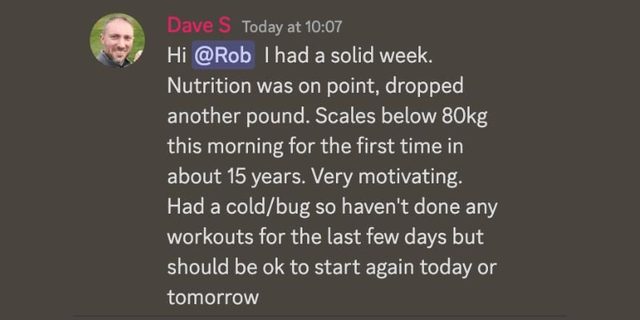 Dave S: below 80 kg for the first time in about fifteen years