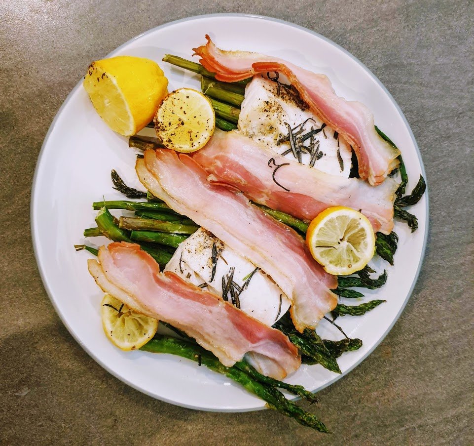 pancetta on roasted cod with asparagus